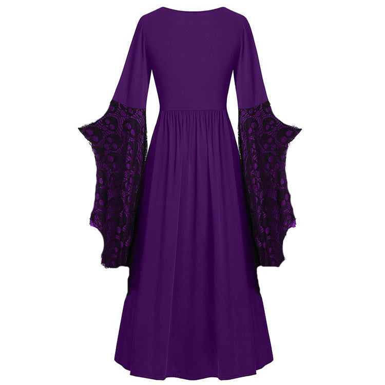 Plus Size Gothic Skull Lace Dress With Lotus Sleeves