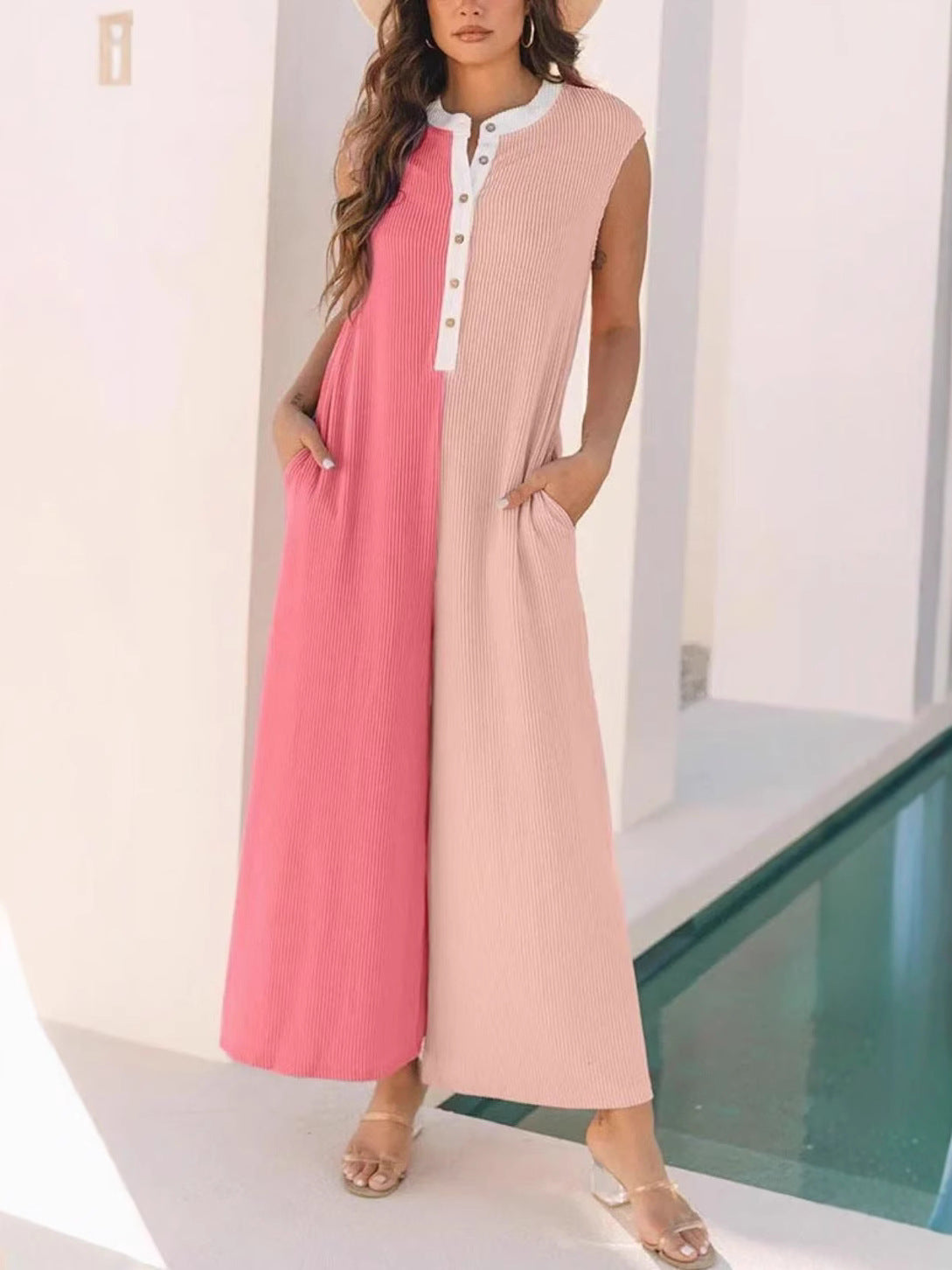 Women Fashion Casual Colorblock Sleeveless Jumpsuit