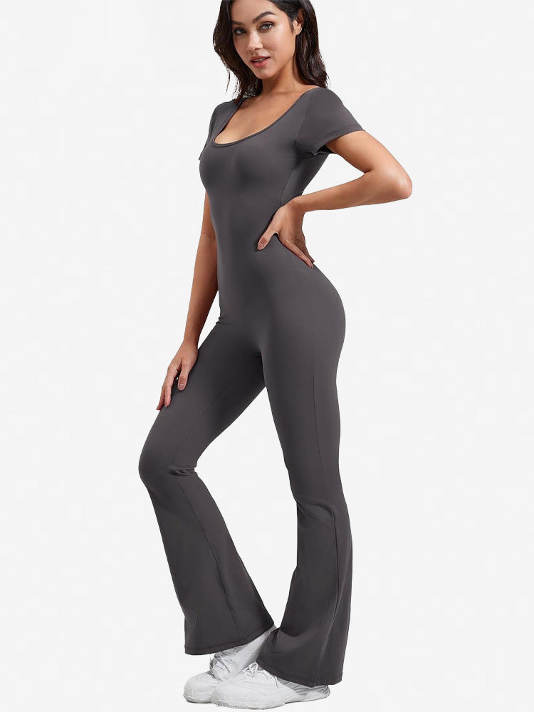 Women Casual Solid Color Square Neck Backless Jumpsuits - Yoga and Sports