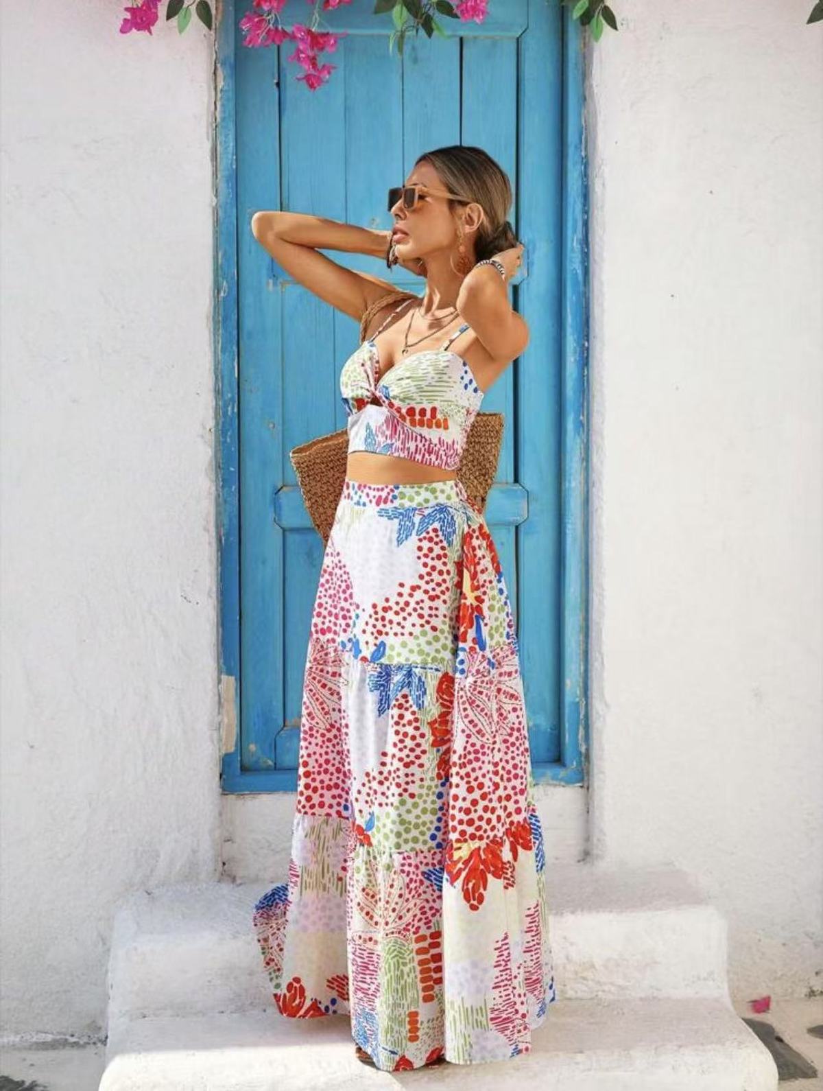 Women Fashion Sexy Printed Camisole and Loose Skirt Two-Piece Set