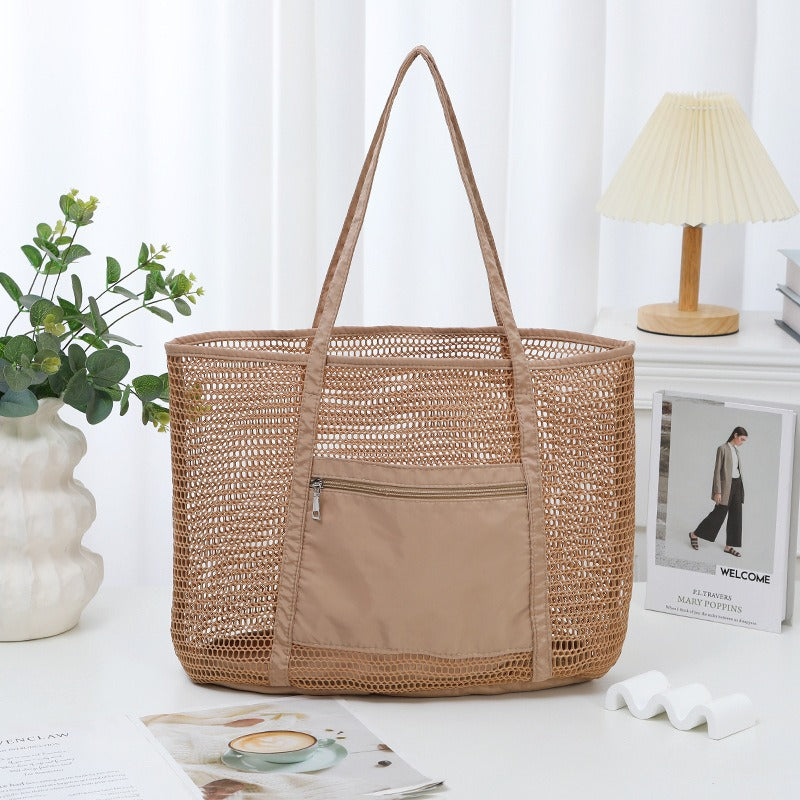 Bolso de playa de malla de color liso para mujer, ideal para viajes y ocio.