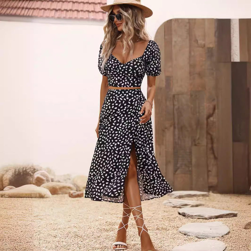 Ensemble haut court et jupe à col en V pour femme, idéal pour les vacances d'été