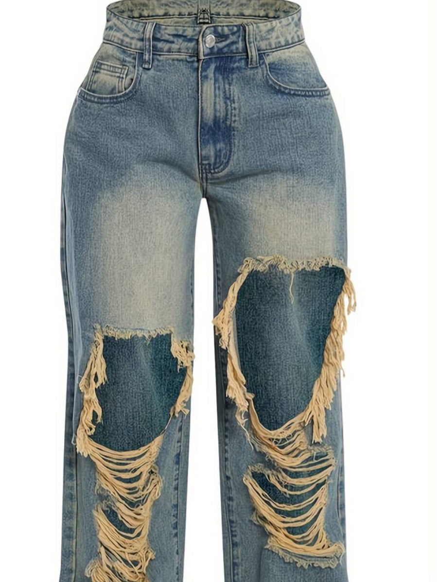 Women Fashion Low Waist Ripped Straight Jeans