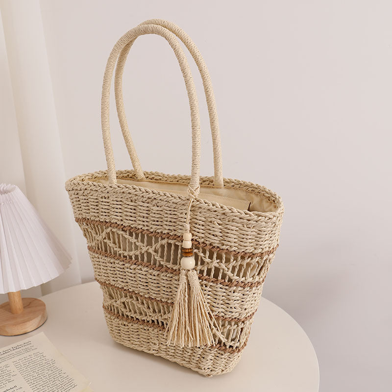 Bohemian Holiday Hollow Straw Woven Tassel Tote Bag