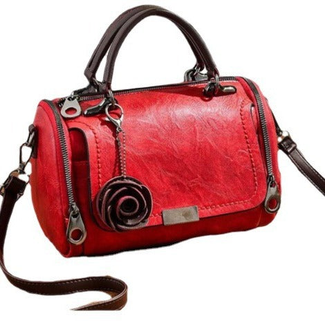 Bolso de mano retro con colgante de flor pequeña de color sólido para mujer