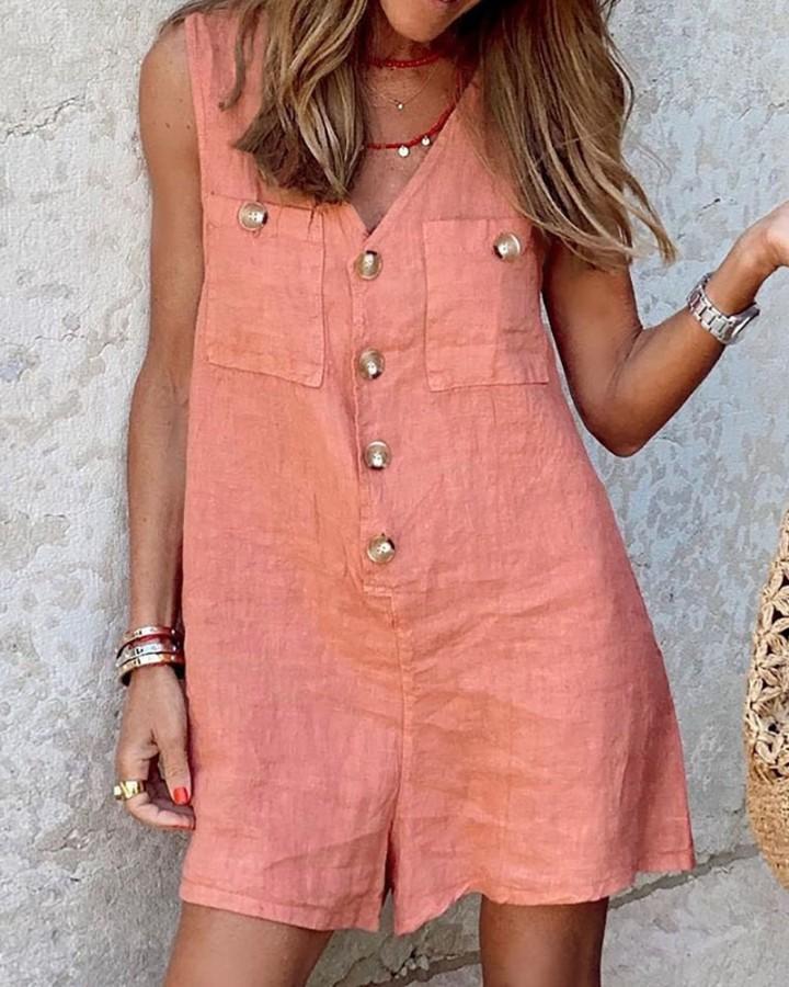 Combinaison débardeur boutonnée en coton et lin pour femme, col en V