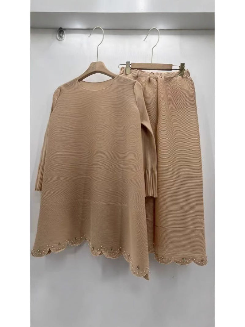 African Women Pleated Solid Color Beaded Casual Set
