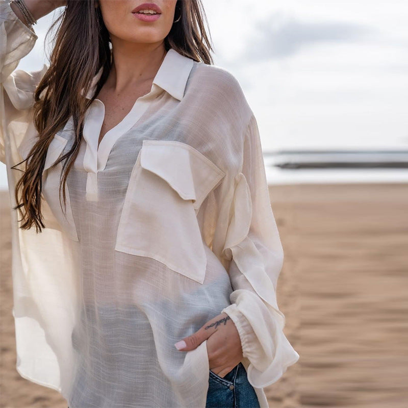 Blusa informal de manga larga con cuello en V para mujer