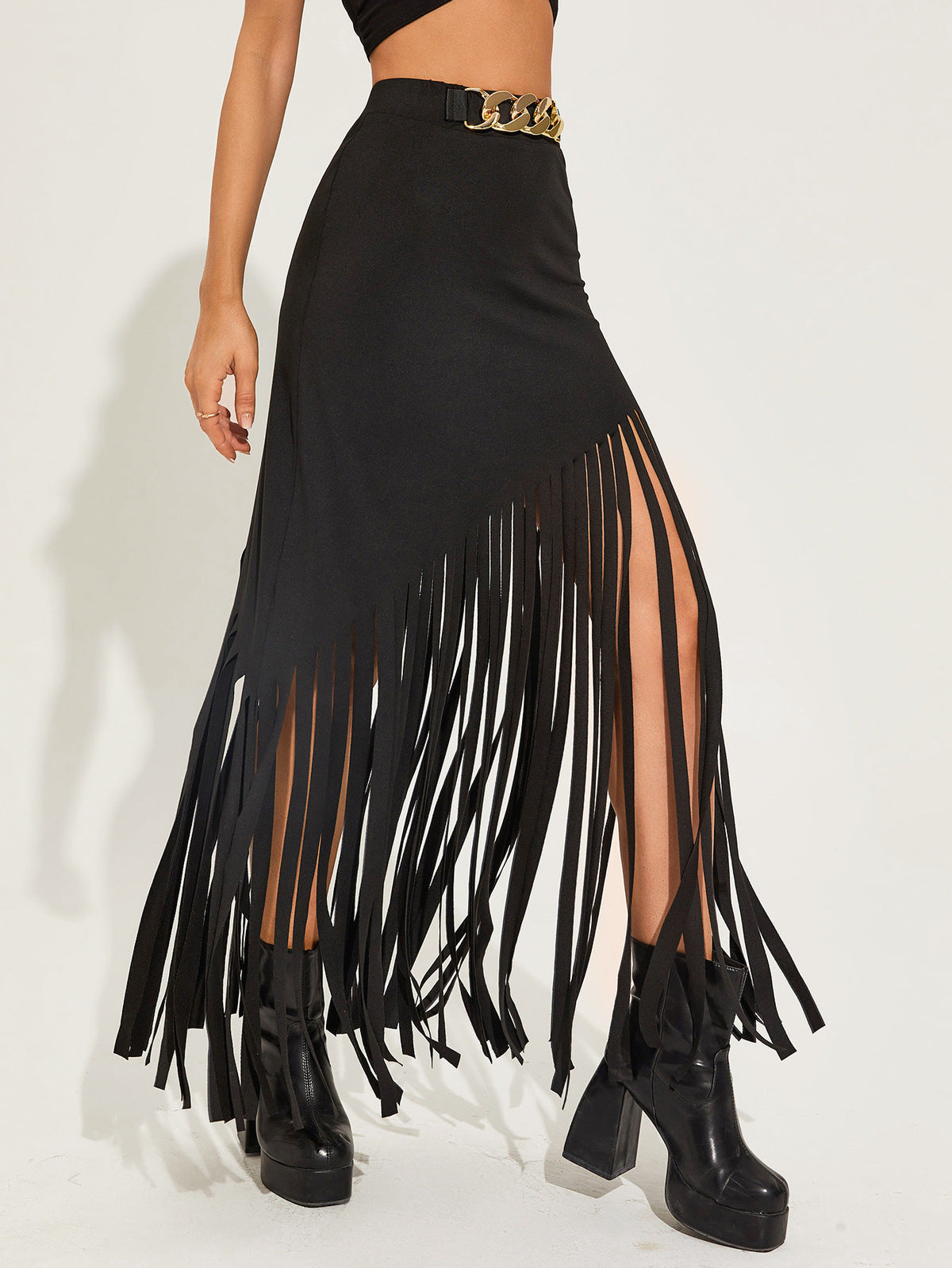Women Fashion Sexy Solid Color Tassel Skirt