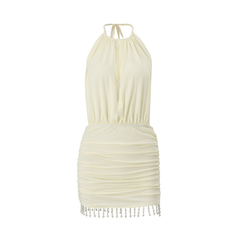 Women Fashion Sexy Solid Color Pleated Backless Tassels Dress