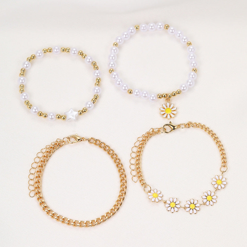 Conjunto de pulseras de margaritas y perlas bohemias para mujer
