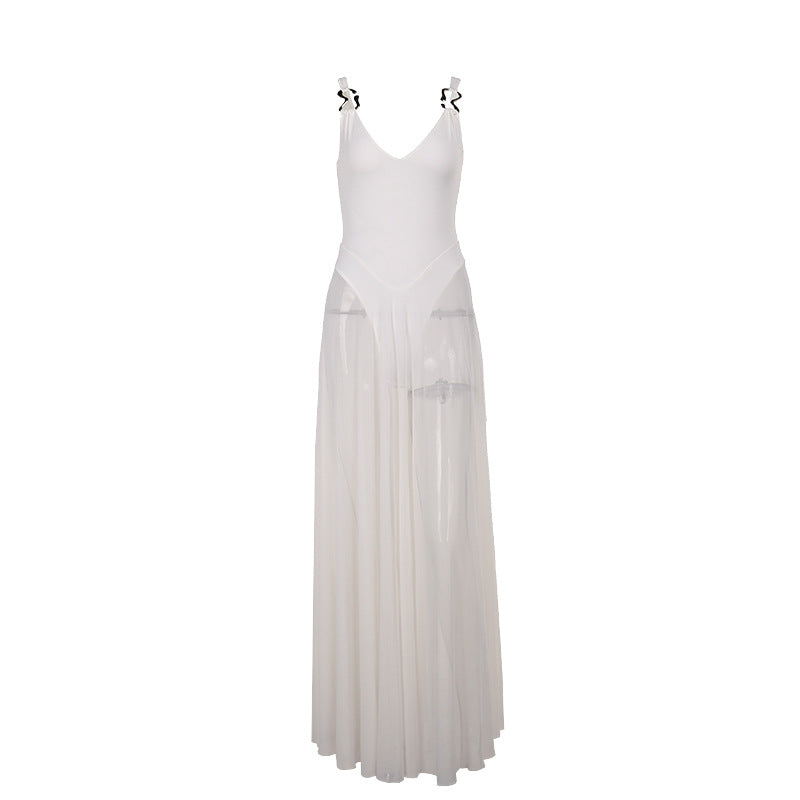 Women Elegant Mesh V-Neck Sleeveless Dress Polyester Slim Fit