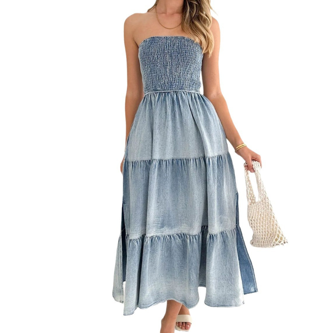 Vestido vaquero sexy con top de tubo y costuras plisadas a la moda para mujer