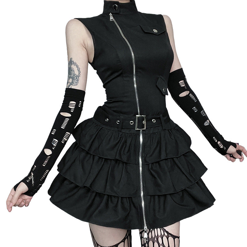 Robe gothique sans manches zippée de couleur unie pour femme