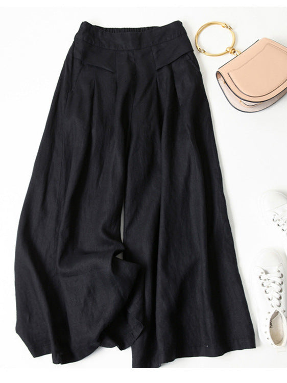 Pantalones anchos informales de algodón y lino de color liso para mujer