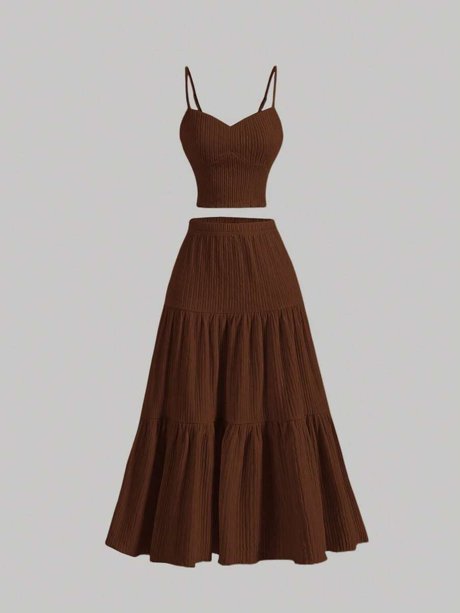 Women Fashion Casual Solid Color Camisole Top Loose Skirts Two-Piece Set