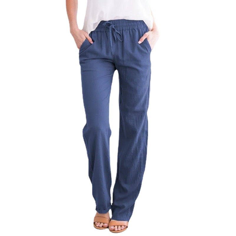 Pantalones casuales de algodón y lino de color sólido para mujer