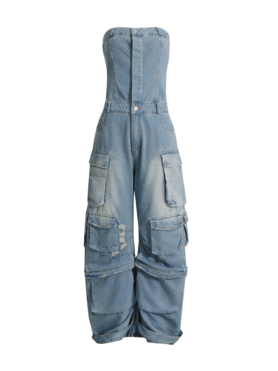 Fashion Street Women Strapless Multi-Pocket Denim Jumpsuit
