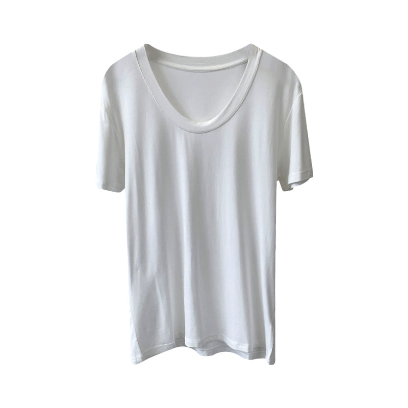 Camiseta informal de verano para mujer, color liso, con cuello en U y mangas abullonadas