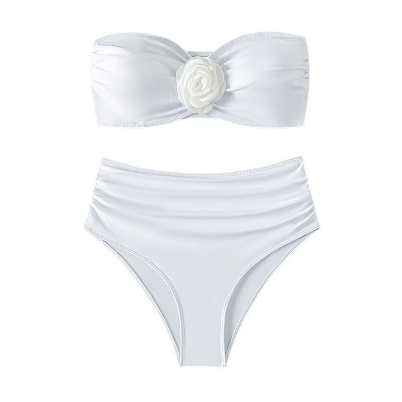 Women Fashion Sexy Solid Color Flower Tube Top Bikini Swimsuit
