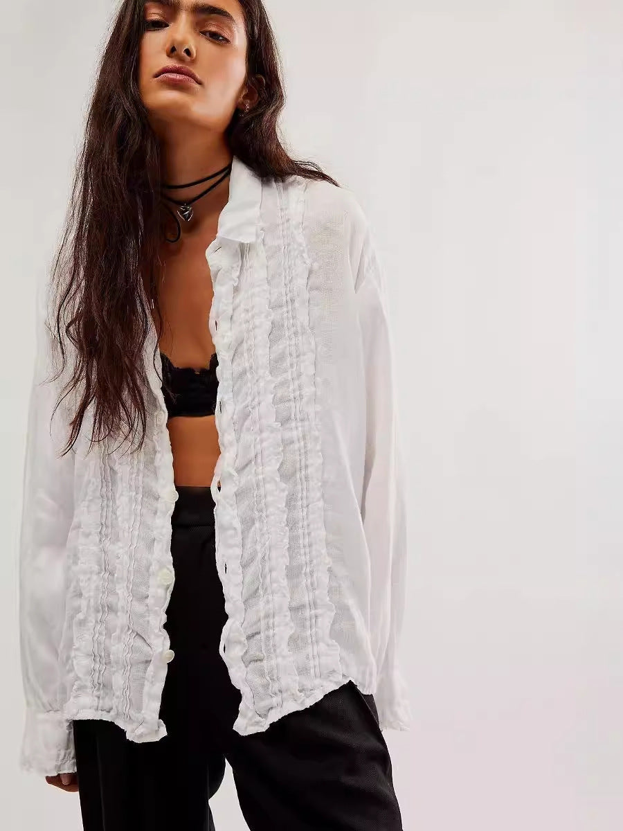 Women Fashion Solid Color Lace Cotton Linen Shirt