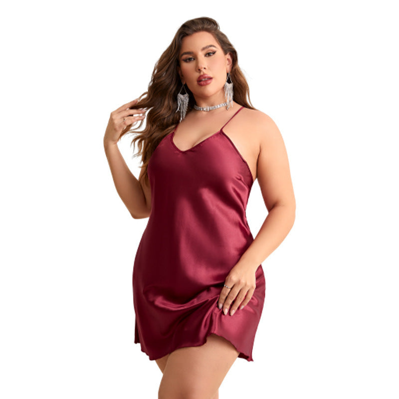 Pyjama sexy à bretelles pour femmes, couleur unie, grande taille