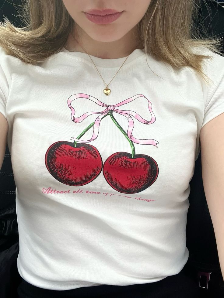 Camiseta informal de manga corta con cuello redondo y estampado de cerezas para mujer - Poliéster y elastano
