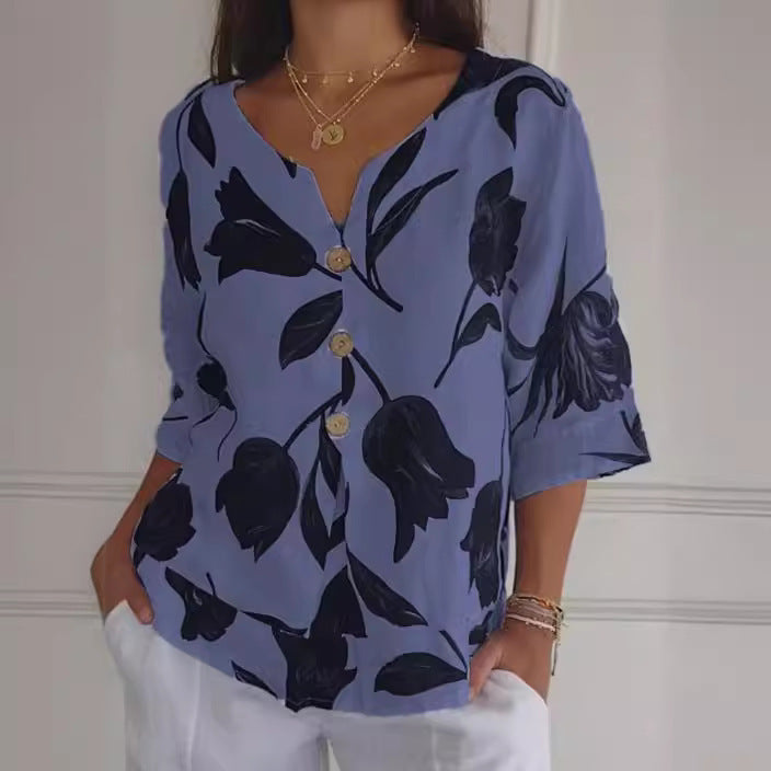 Casual Floral Printed Cotton Linen Women Blouse