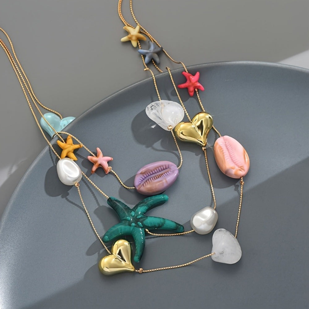 Women Fashion Boho Multi-Layer Starfish Shell Sea Necklace