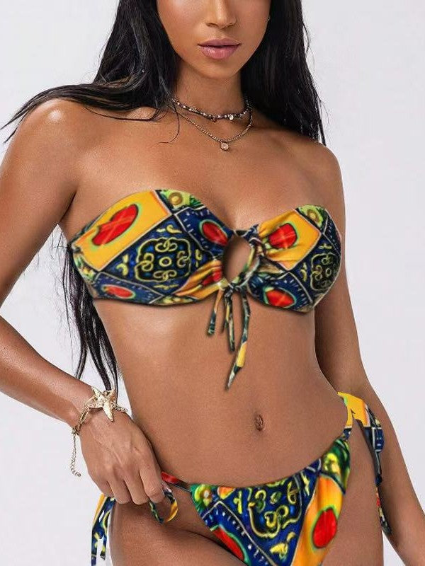 Traje de baño de bikini con parte superior de tubo y estampado multicolor para mujer