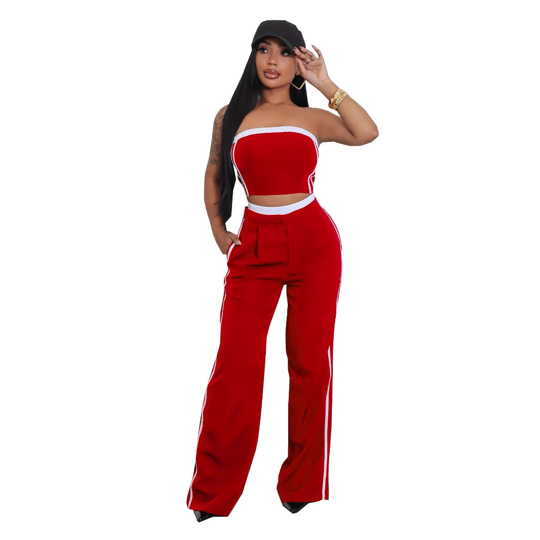 Ensemble haut sans bretelles et pantalon large à coutures contrastées pour femme
