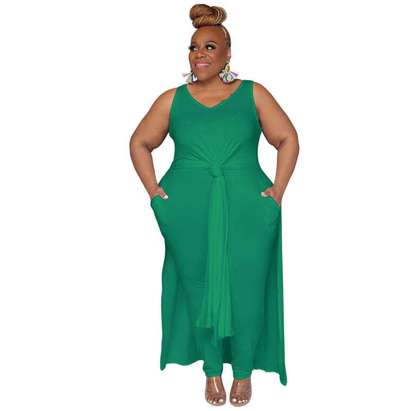 Women Fashion Casual Plus Size Solid Color V-Neck Dress
