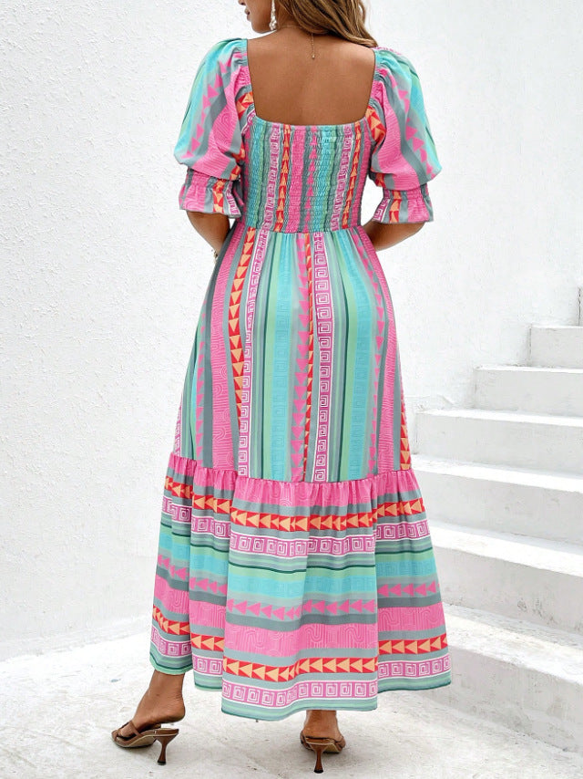 Robe décontractée imprimée à manches courtes et col carré pour femme