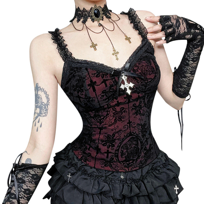 Top de tirantes de encaje gótico oscuro sexy para mujer