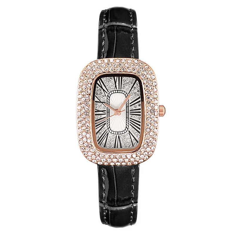 Women Casual Rectangular Rhinestone Watch with Leather Strap