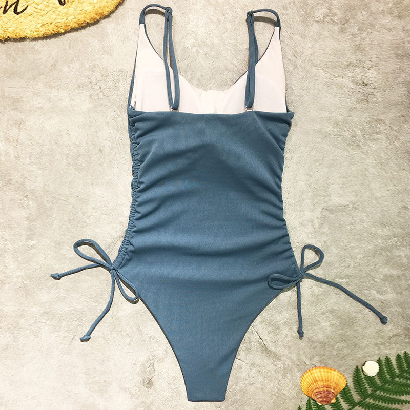 Summer Women Beach Vacation Solid Color Drawstring Swimsuit