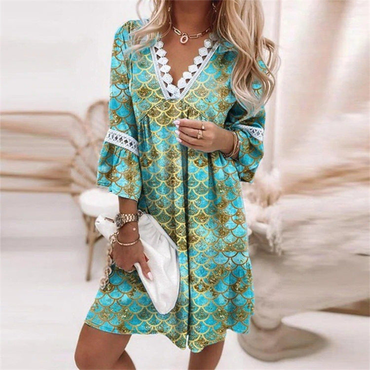 Vestido elegante de primavera bohemio para mujer, de manga larga, cuello en V y encaje con volantes