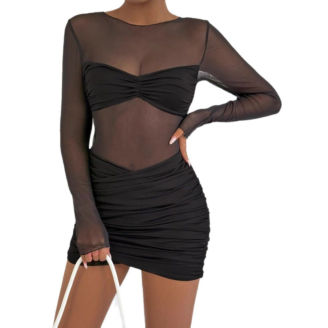 Vestido ajustado de manga larga con costuras en perspectiva de malla para mujer