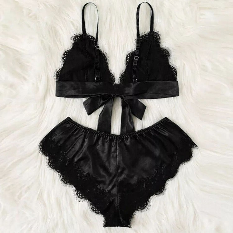 Sexy See-Through Elastic Pajamas Lace Satin Sleepwear Set