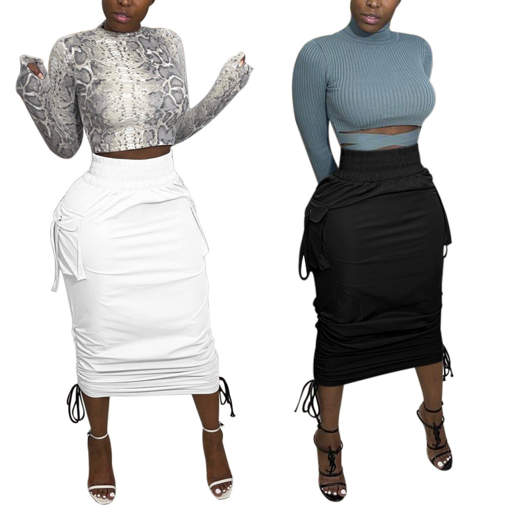 Women Fashion Solid Color Drawstring Skirt