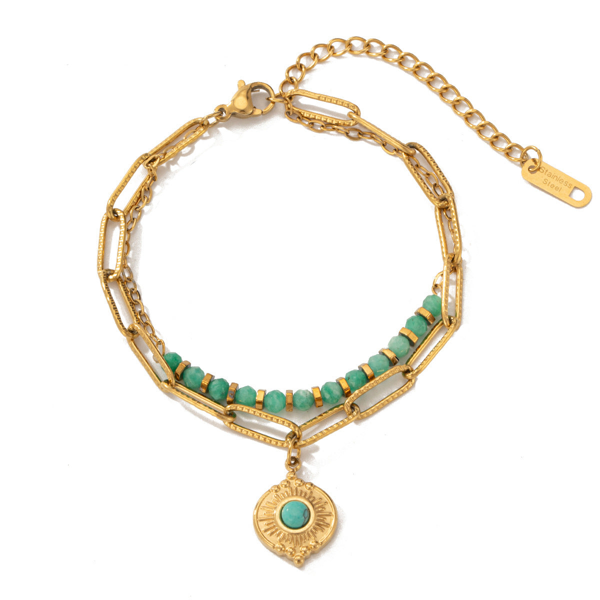 Pulsera bohemia de cuentas de acero y titanio de doble capa