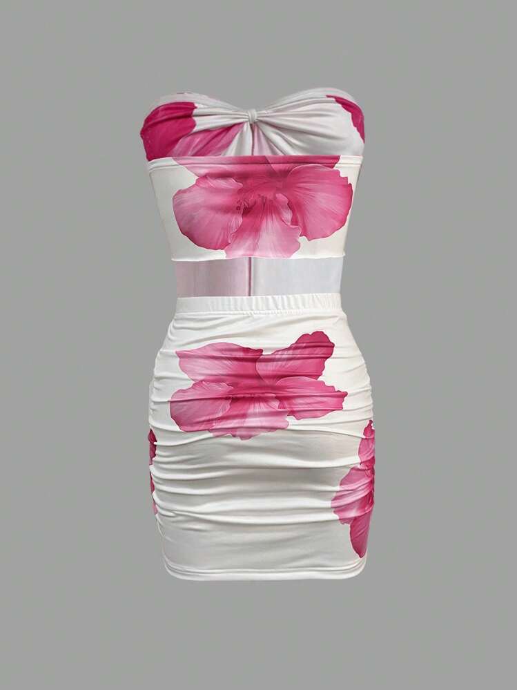 Ensemble d'été pour femme, haut tube à lacets et mini-jupe à imprimé floral