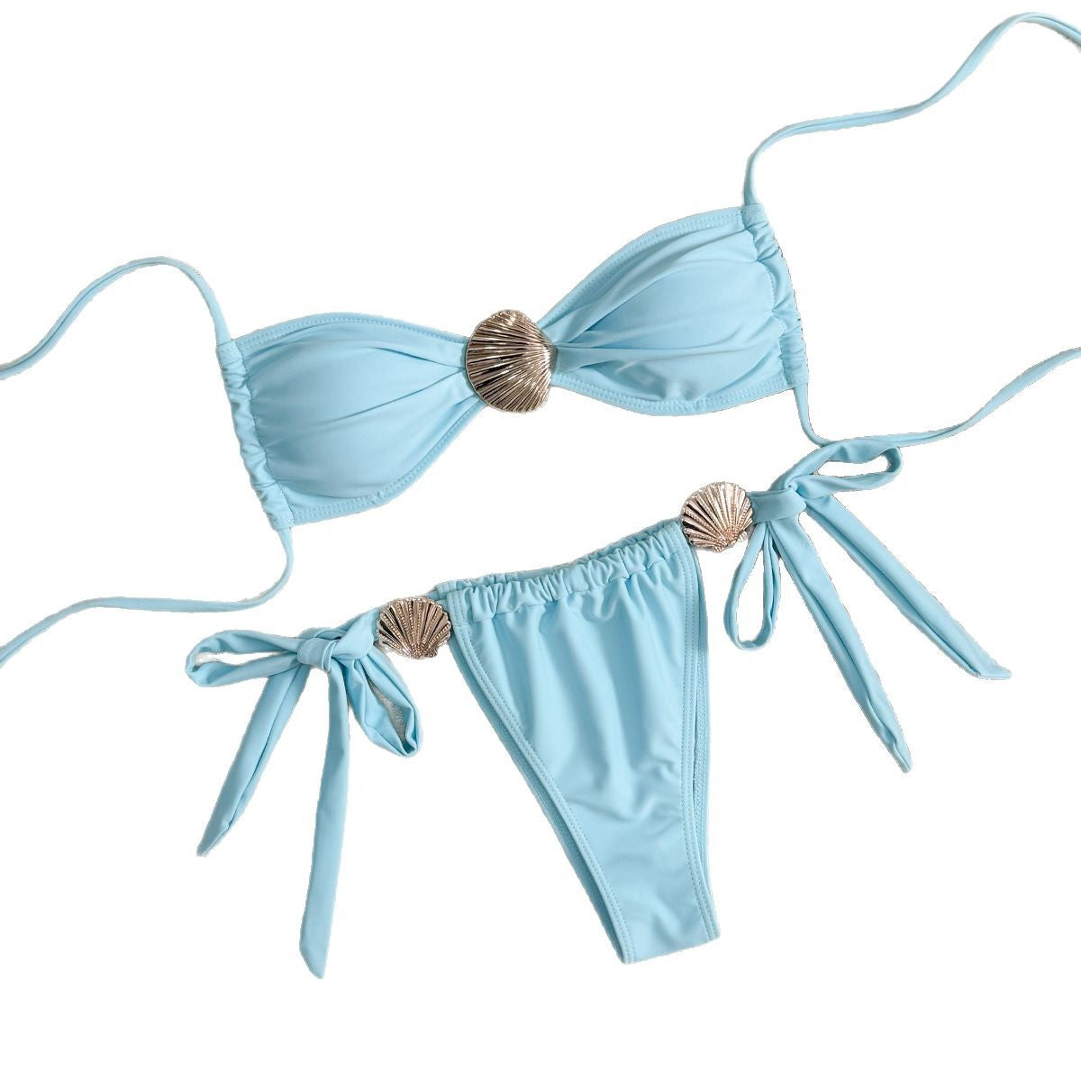 Traje de baño de bikini estilo halter con hebilla de concha de metal de color sólido sexy para mujer
