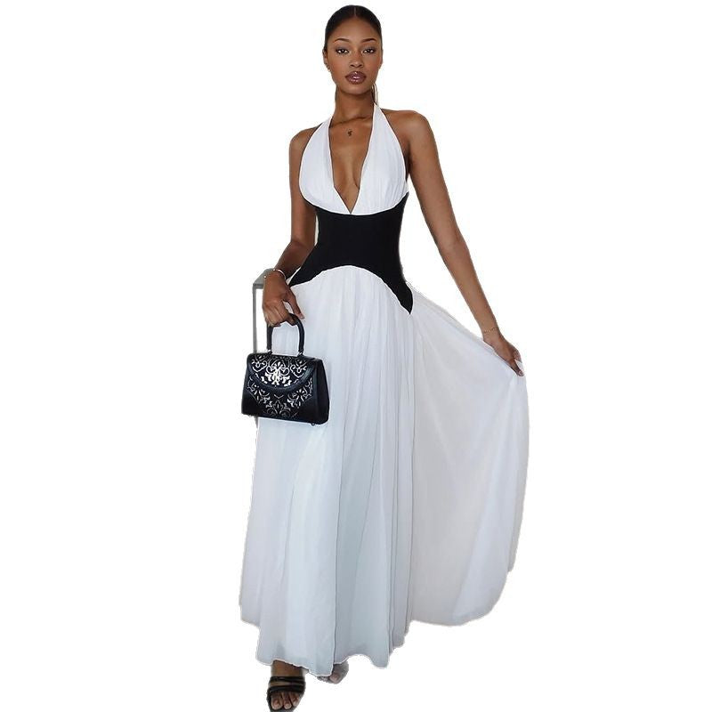 Women Fashion Black White Stitching Halter Maxi Dress