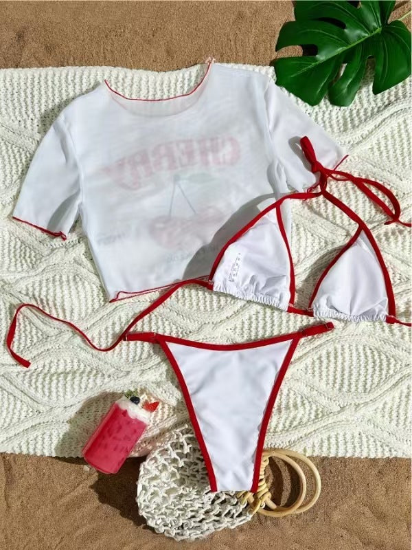 Women Casual Cherry Print Slim-Fit Three-Piece Swimwear Set