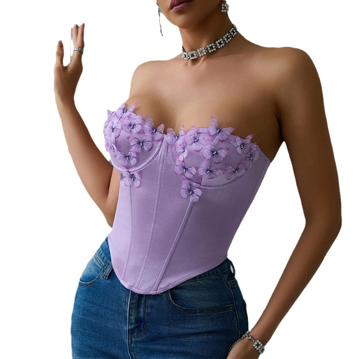 Top corsé sin tirantes de satén con diseño de mariposa para mujer