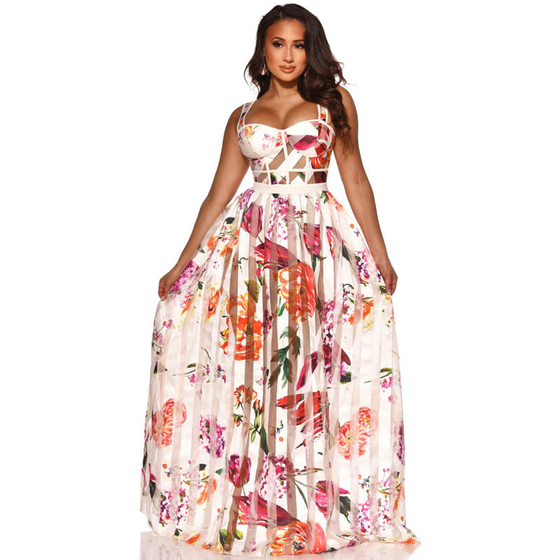 Robe longue d'été bohème élégante sans manches en maille florale pour femme