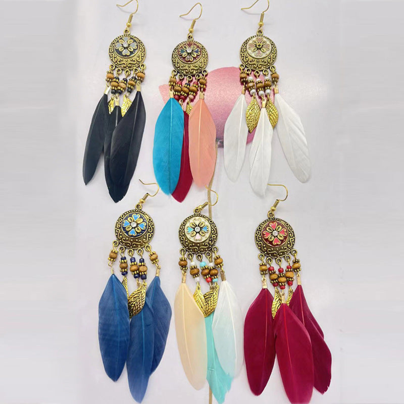 Bohemian Flower Beads Feather Earrings for Women