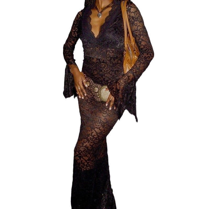 Vestido sexy de encaje con escote en V profundo y manga larga para mujer