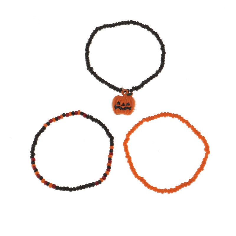 Conjunto de pulsera de Halloween con cuentas de aleación de calabaza y murciélago de colores variados retro a la moda para mujer